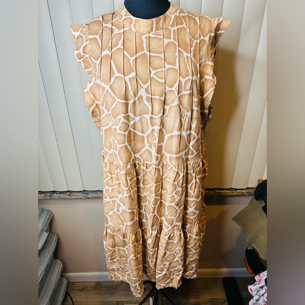 Versona Giraffe Brown Beige Print Sleeveless Tiered Sundress Midi Dress Size XL